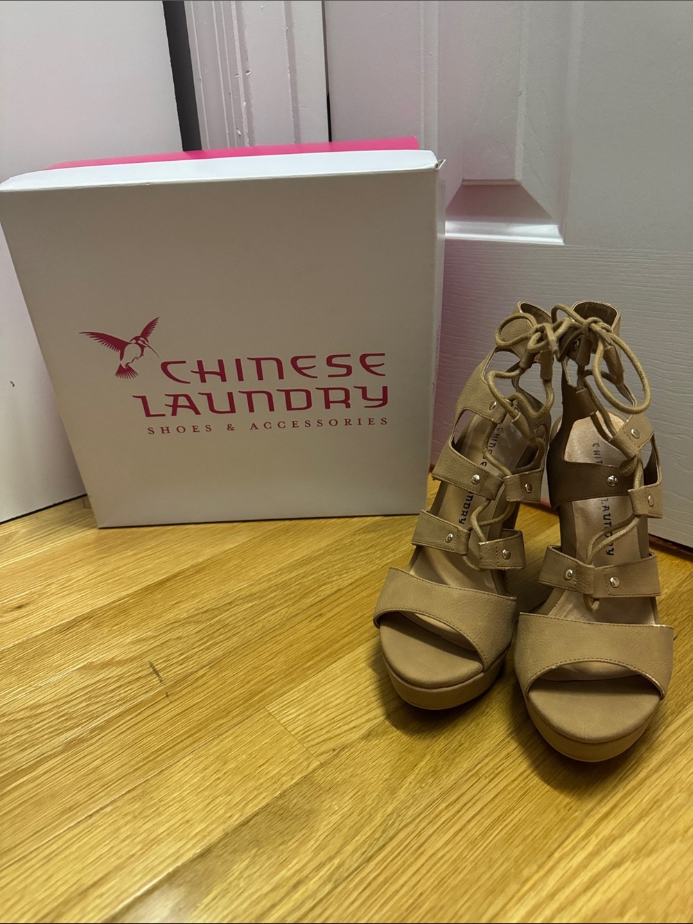Chinese Laundry Beige Lace-Up Platform Wedges